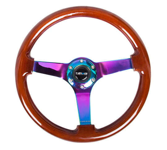 NRG Innovations Classic 350mm / 3in Deep Brown Wood Grain Steering Wheel with Neo Chrome Spokes