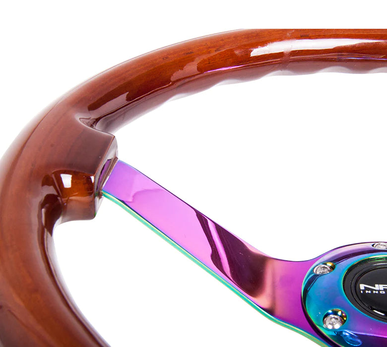 NRG Innovations Classic 350mm / 3in Deep Brown Wood Grain Steering Wheel with Neo Chrome Spokes