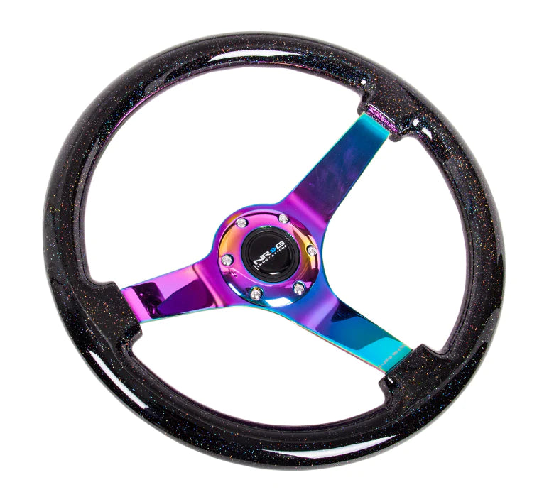 NRG Innovations Classic 350mm / 3in Deep Black Sparkled Wood Grain Steering Wheel with Neo Chrome Spokes