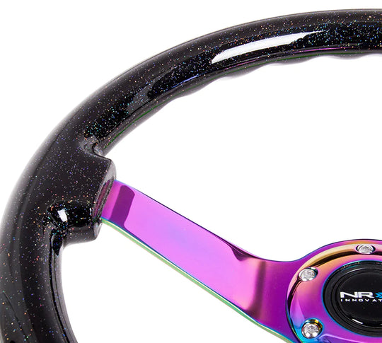 NRG Innovations Classic 350mm / 3in Deep Black Sparkled Wood Grain Steering Wheel with Neo Chrome Spokes