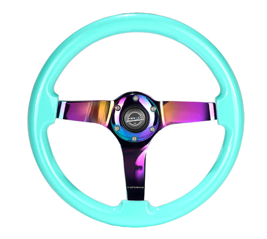 NRG Innovations Classic 350mm / 3in Deep Minty Fresh Wood Grain Steering Wheel with Neo Chrome Spokes