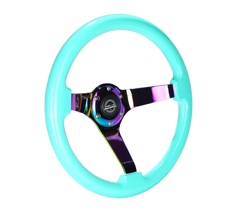 NRG Innovations Classic 350mm / 3in Deep Minty Fresh Wood Grain Steering Wheel with Neo Chrome Spokes