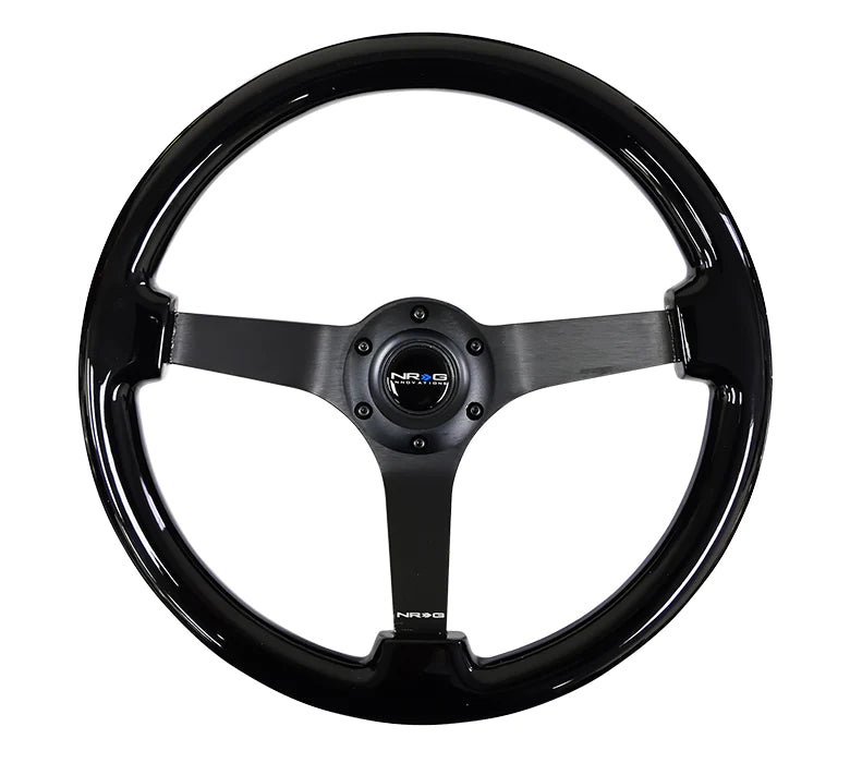 NRG Innovations Classic 350mm / 3in Deep Black Wood Grain Steering Wheel with Black Chrome Spokes