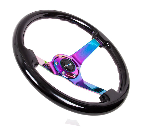 NRG Innovations Classic 350mm / 3in Deep Classic Black Wood Grain Steering Wheel with Neo Chrome Spokes - Dirty Racing Products