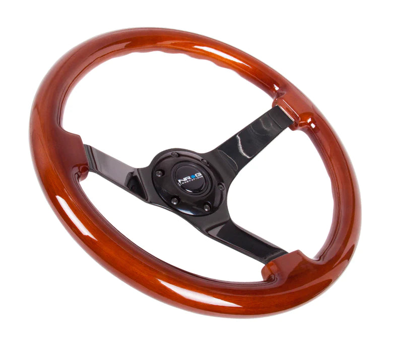 NRG Innovations Classic 350mm / 3in Deep Brown Wood Grain Steering Wheel with Black Spokes